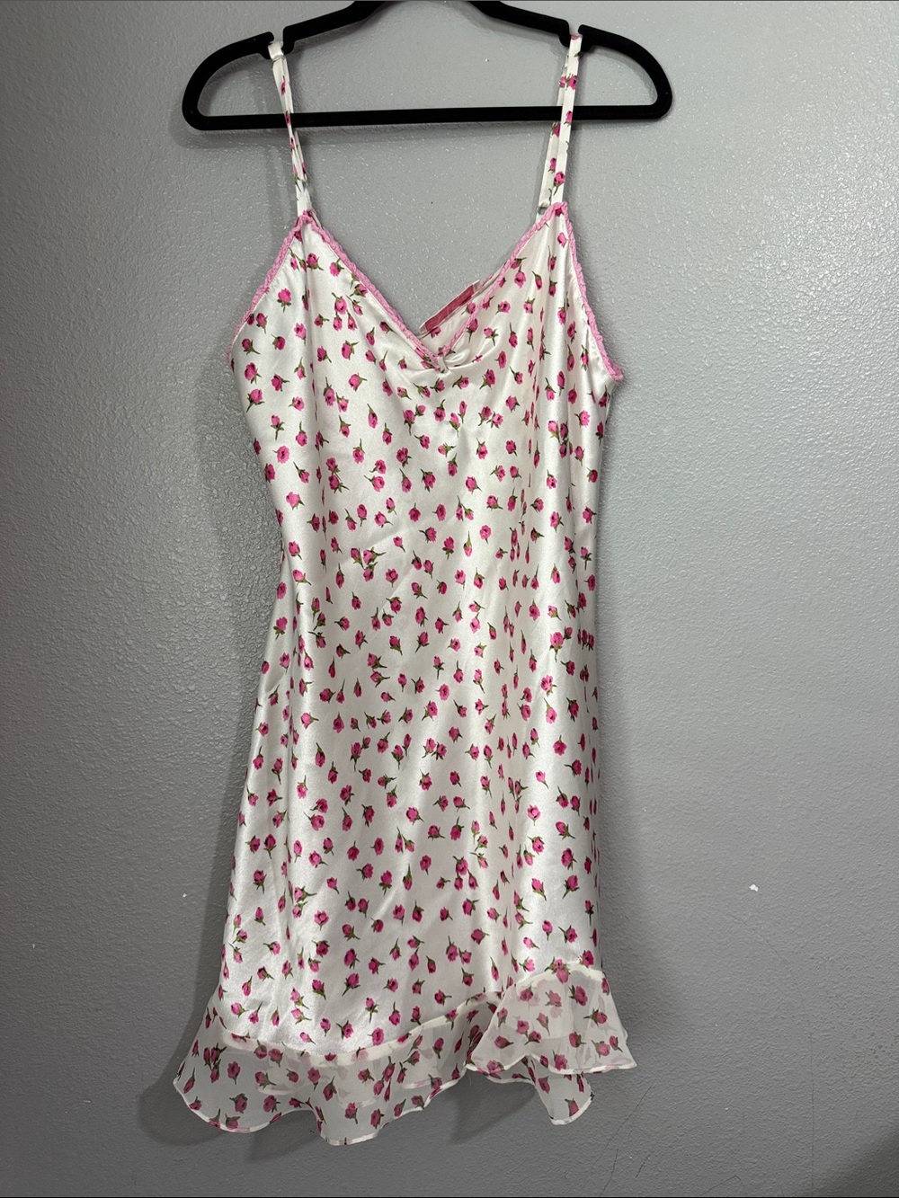 Oscar de la Renta Cream Satin Slip Dress with Pink Floral Print
